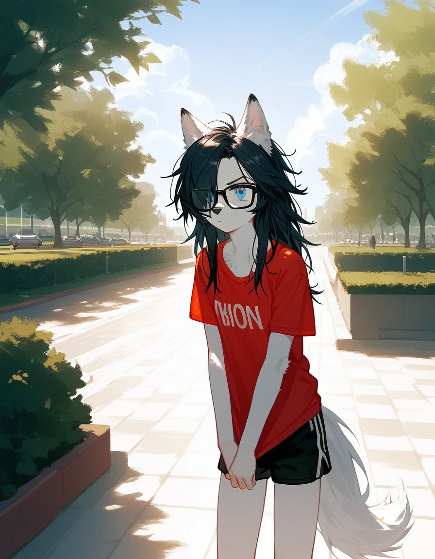 Solo, score_9,score_8_up,score_7_up, a young nerdy Anthro furry wolf woman, wolf snout, white furry body, tall and slender, long black messy hair, black hair, hair in a pony tail, hair covering one eye, black glasses, blue eyes, white wolf ears, white wolf tail, small breasts, wearing oversized red t shirt, black boy shorts, standing, outdoors, at a park, looking annoyed, one hand on her forehead, shielding her face from the sun, sunny day, looking up, squinting, looking up