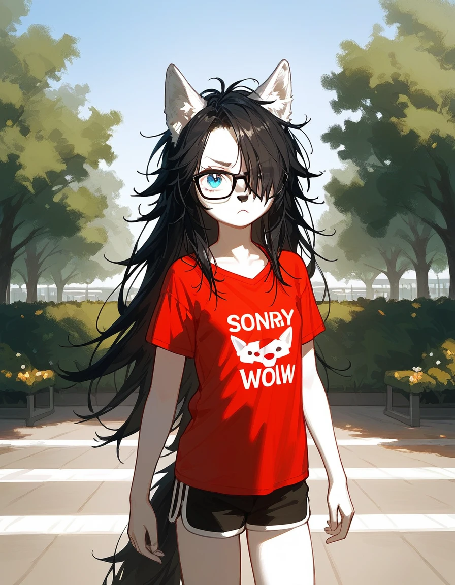 Solo, score_9,score_8_up,score_7_up, a young nerdy Anthro furry wolf woman, wolf snout, white furry body, tall and slender, long black messy hair, black hair, hair in a pony tail, hair covering one eye, black glasses, blue eyes, white wolf ears, white wolf tail, small breasts, wearing oversized red t shirt, black boy shorts, standing, outdoors, at a park, looking annoyed, one hand on her forehead, shielding her face from the sun, sunny day, looking up, squinting, looking up