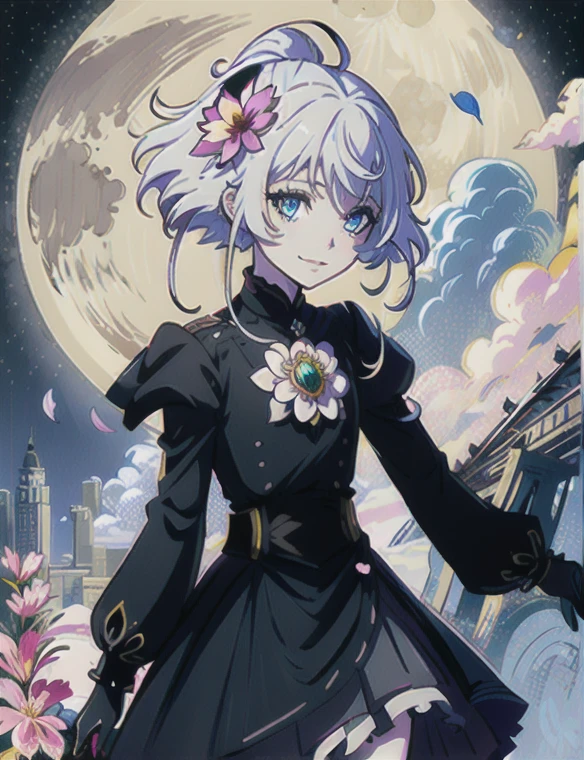 masterpiece, best quality,
1girl, (colorful),(finely detailed beautiful eyes and detailed face),cinematic lighting,bust shot,extremely detailed CG unity 8k wallpaper,white hair,solo,smile,intricate skirt,((flying petal)),(Flowery meadow)
sky, cloudy_sky, building, moonlight, moon, night, (dark theme:1.3), light, fantasy,