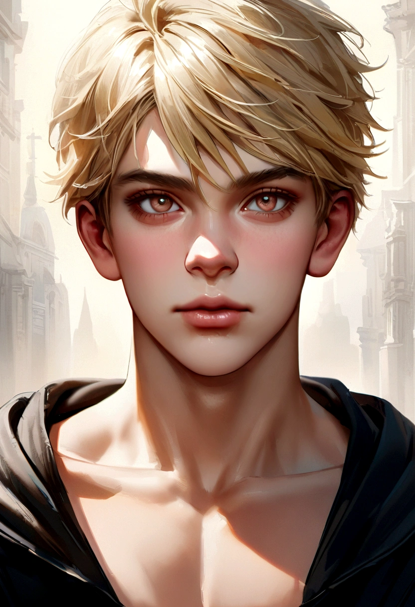 fot, Young male perfection, 18 years old, strong chin, no cleft chin, fleshy lips, roman nose, Short blonde hair, hazel eyes, hyperrealisti, 8k --v 4