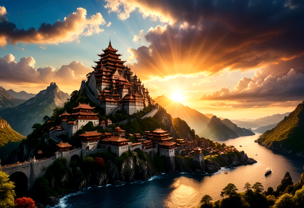 (Sunrise Time), The Great Wall gradually emerged in the warm sunlight of sunrise, like a giant dragon surging out, with a peaceful valley in the background, (panoramic view), Photography, award-winning, cinematic still, emotional, vignette, dynamic, vivid, (masterpiece, best quality, Professional, perfect composition, very aesthetic, absurdres, ultra-detailed, intricate details:1.3)