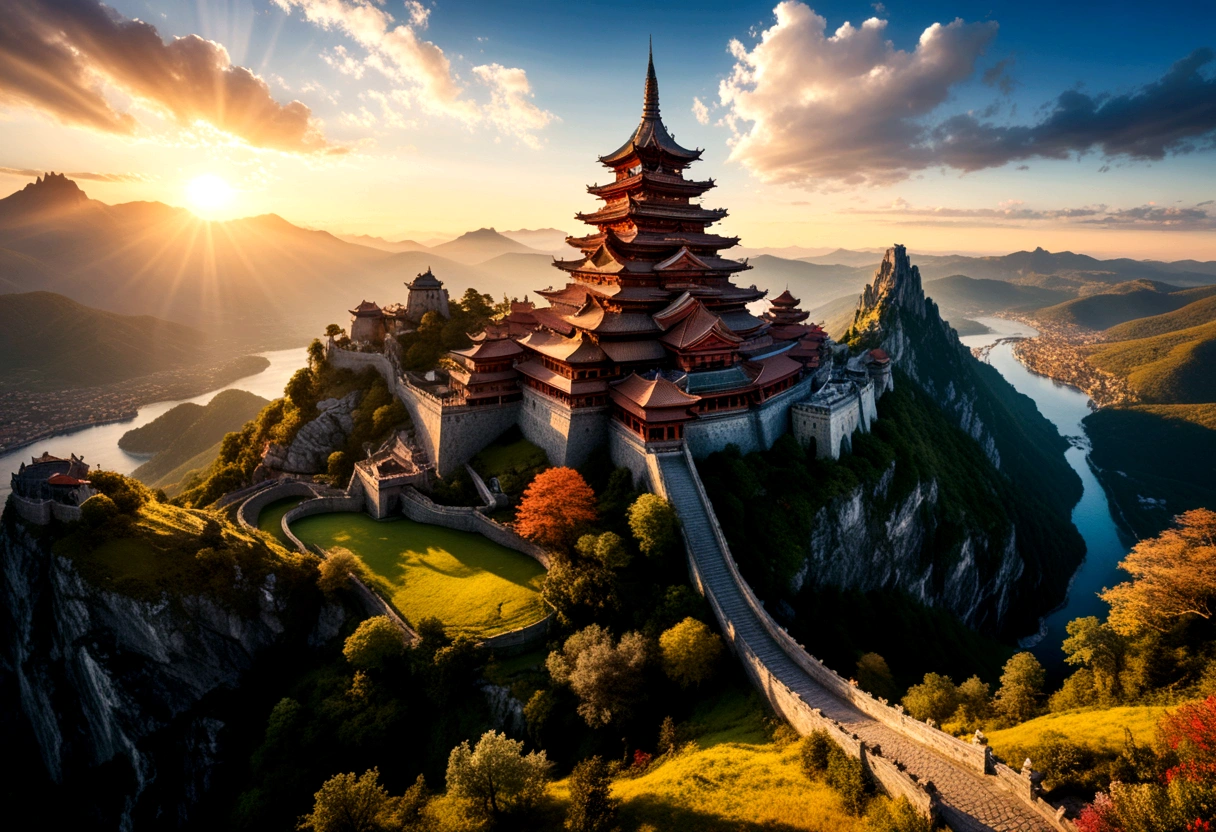 (Sunrise Time), The Great Wall gradually emerged in the warm sunlight of sunrise, like a giant dragon surging out, with a peaceful valley in the background, (panoramic view), Photography, award-winning, cinematic still, emotional, vignette, dynamic, vivid, (masterpiece, best quality, Professional, perfect composition, very aesthetic, absurdres, ultra-detailed, intricate details:1.3)