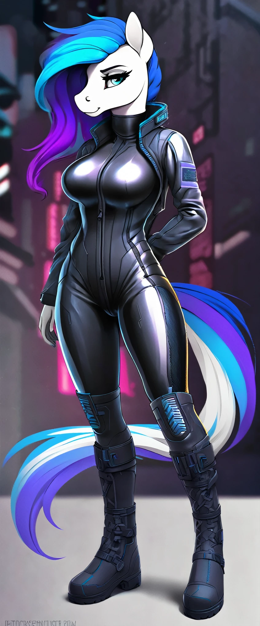 a ((full body)) cartoon picture of an anthropomorphic (((pony:0.9))), cyberpunk style, (((shiny latex cyberpunk neck-entry full bodysuit:1.5))), (((techwear jacket on top:0.9))), (((calf-high boots))), generic MLP style, professional drawing, female anthro pony, medium breasts, frowning, (((semi realistic cream white fur))), (((detailed eyes:1.0))), electric blue colored cyberpunk mane and tail with violet tips.