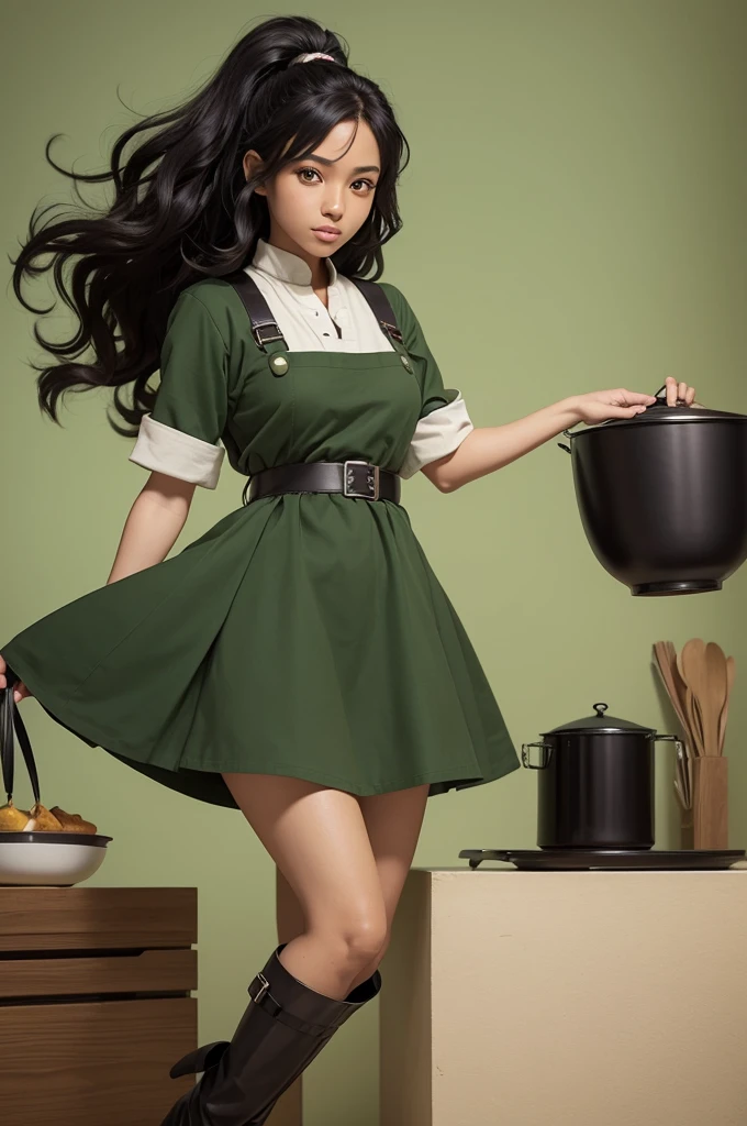 Anime-style drawing of a 22-year-old dark-skinned girl, with wavy black hair, caramel eyes, with a peasant cook outfit in green tones and boots, a brown bag, by his side a white saber-toothed tiger