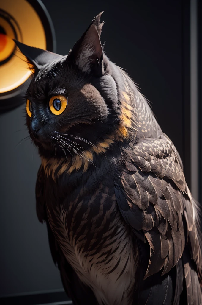 1back cat, Black owl body, yellow eye, perfect illumination, unreal engine, sidelighting, detailed