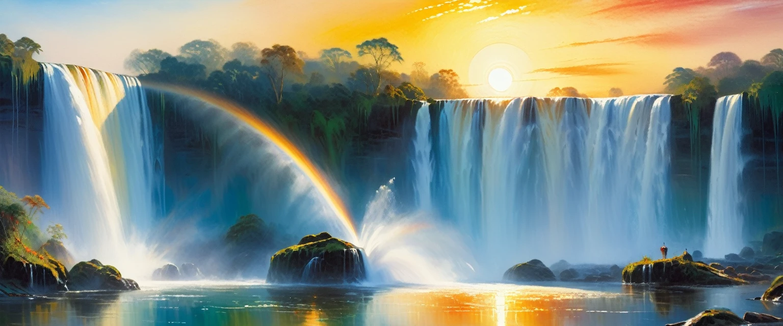(((Sunrise time, amazing morning on Victoria waterfall))), high quality, masterpiece,((William Turner style)), clear day, marinism, oil painting knife, ((best quality, masterpiece)), (high detail), impressionism:1.1, 8k