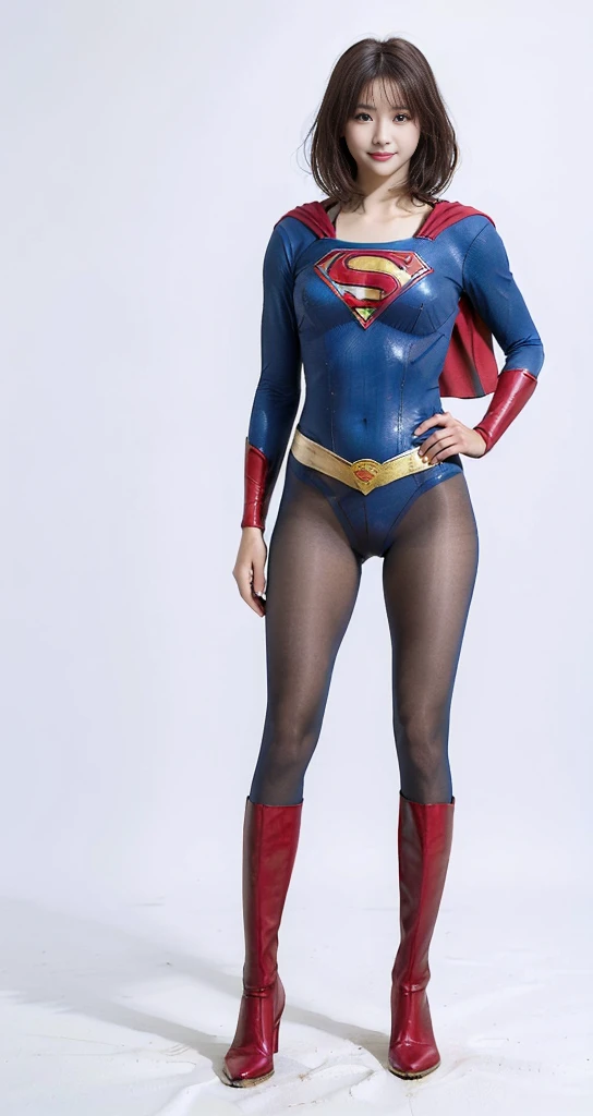 No background、(((Beautiful legs in black tights.)))、(((Legally express the beauty of your smile)))、((((Make the most of your original images)))、(((Supergirl Costume)))、(((Beautiful very short hair)))、(((suffering)))、(((Please wear black tights....、Wear red boots)))、((Best image quality、8K))、((Highest quality、8K、masterpiece:1.3))、(((Preserve background )))、Sharp focus:1.2、Beautiful woman with perfect figure:1.4、Slim Abs:1.2、Wet body:1.5、Highly detailed face and skin texture、8K