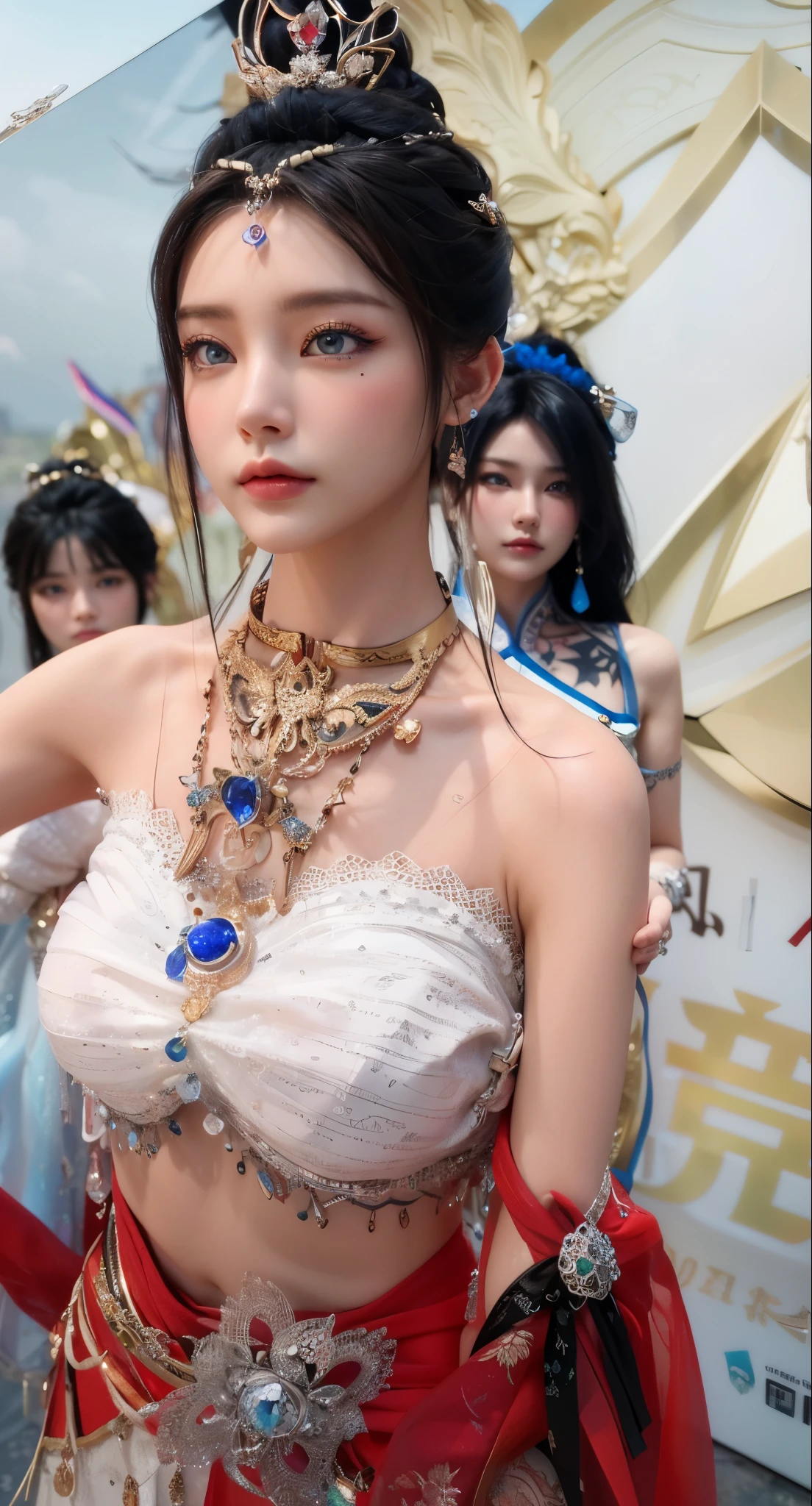 Game Art，Best image quality，Maximum resolution，8K，(A half-length photo)，(portrait)，(Head close-up)，(Rule of Thirds)，Unreal Engine 5 rendering works，20 year old girl，((Queen))，The eyes are very detailed，(Large Breasts)，Elegant and noble，Light，Light线追踪，Game CG，((3D Unreal Engine))，OC rendering reflection mode，4K，Ultra-clear，Sensual，Translucent lace，Fair and plump figure，Pretty Face，Light泽凝胶涂层，身着华贵礼服的Queen，Crystal Gem Crown，Necklace jewelry，blue eyes，The tattoo is very three-dimensional，Gorgeous and intricate tattoo designs，Ultra-clear portrait，Sexy body，Temple Princess，Sapphire eyes，Gorgeous Chinese Hanfu