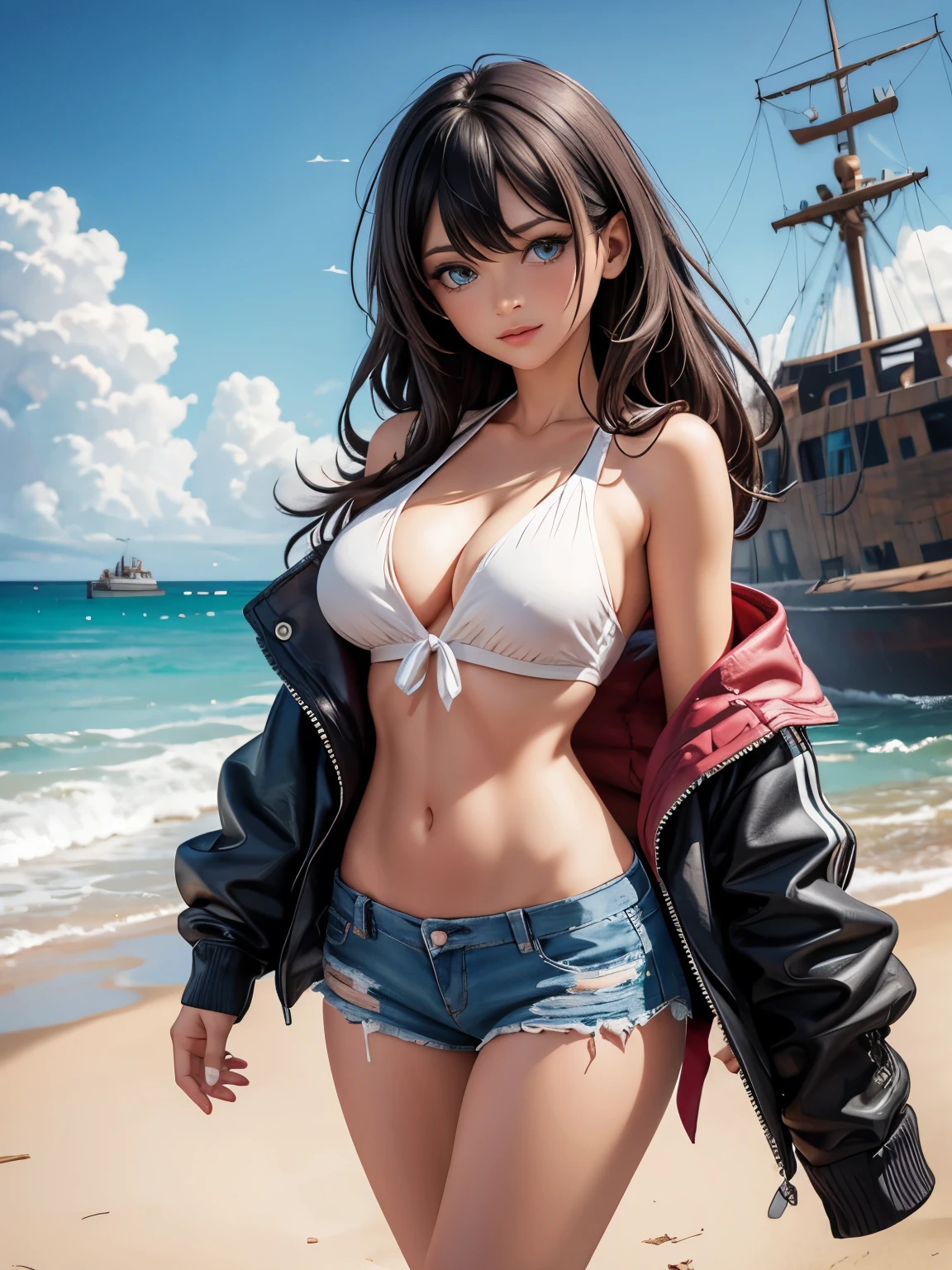 A castaway woman wearing whatever is left of her ripped clothes, exposed under torn shirt, shipwreck in the background
