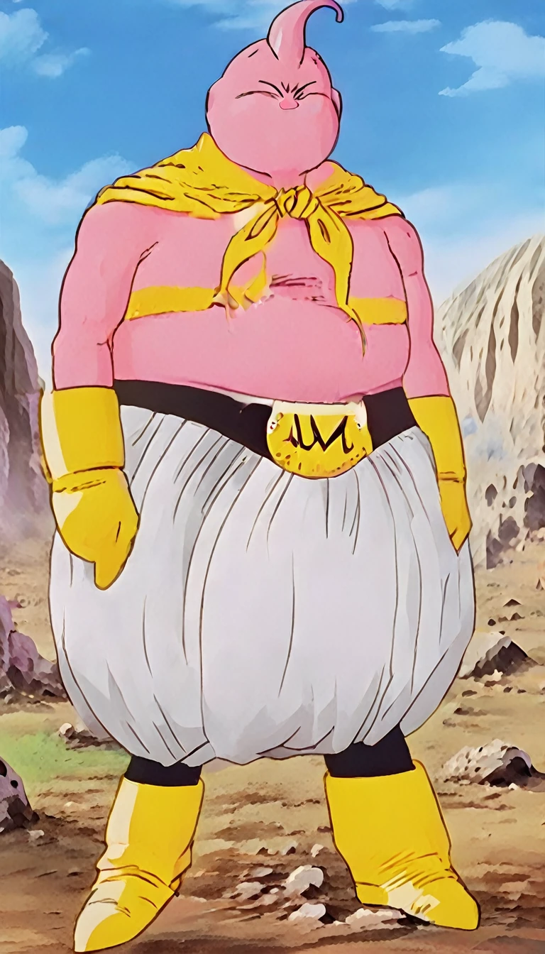 solo, majin buu,short, (musclar:2.5),(angry:2),fighting,in wasteland,destroyed rock,(soft shading), 4k, hi res, ((detailed face, (detailed eyes:1.0), detailed)), (full body), looking at viewer, 1boy, upper body, male focus,white_pants,nude,(topless:1.5),( shirtless:2.5),torn clothes,bare pectorals, fighting stance,