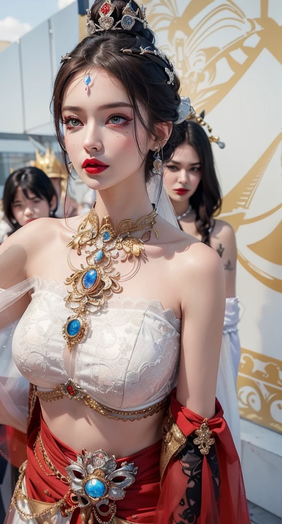 Royal princess，Super detailed, Delicate face, Stock Photography , Portrait 400, F1 Camera Lens.6, Colorful, Surrealism, Realistic textures, Dramatic Lighting, Thin Film Distiller 800 (8K, original photo, Better quality, masterpiece: 1.2), Super detailed, (Extremely delicate skin: 1.2), 8K 超高清, SLR camera, Soft Light, high quality.Fire Queen，Blue pupils，Apply red lipstick，Have a tattoo，The tattoo is very three-dimensional，Gorgeous and intricate tattoo designs，8K Mugshot，Large Breasts，Dark eyeshadow，Sexy thick lips(Red lipstick)，Ice Princess，The facial features are very three-dimensional，