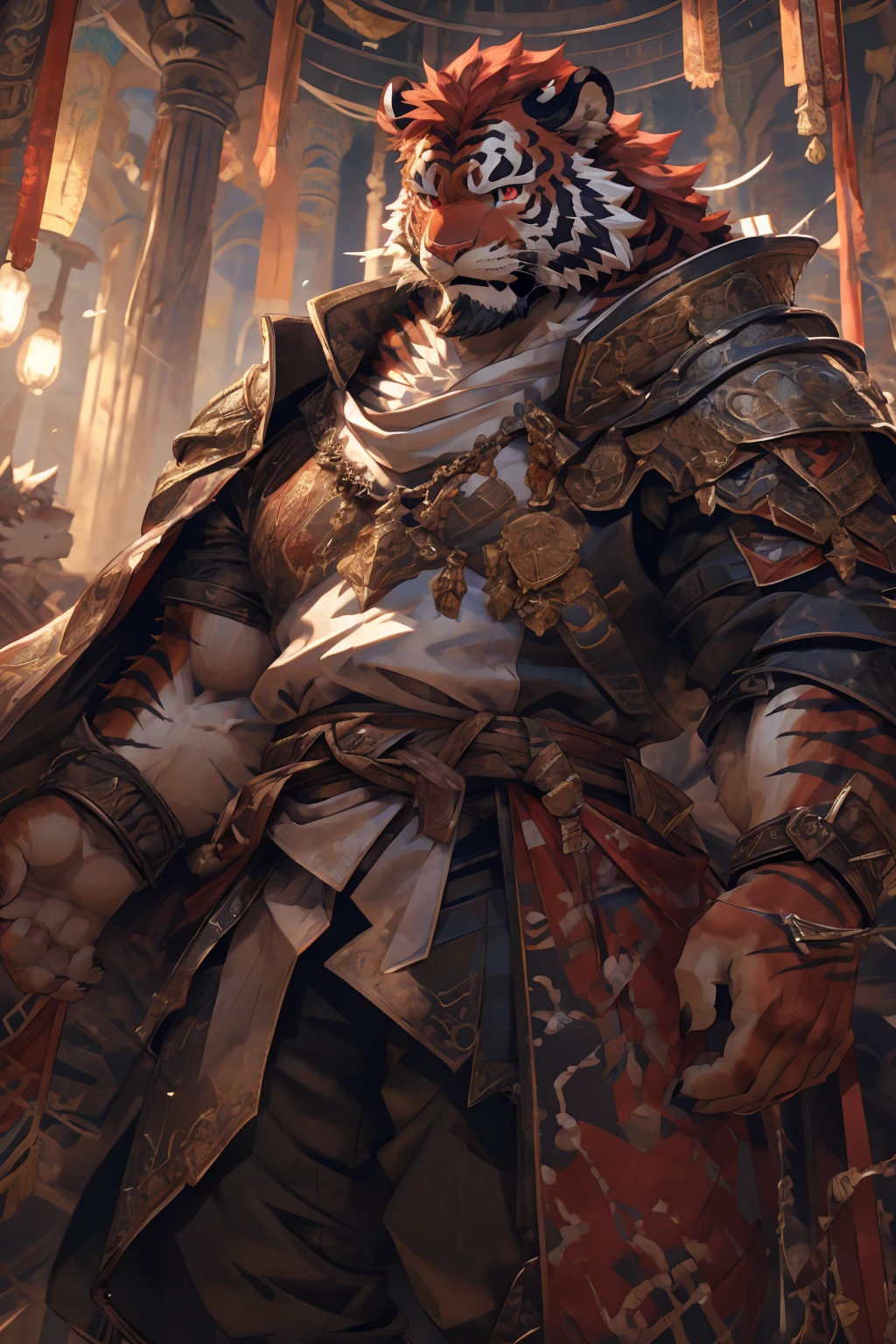 (赤红色tiger),(赤红流火Military commander战袍),(Holding a long sword),Awesome posture,Sitting quietly on the edge of the cliff,(The background is a city with bright lights.:1.2),Abdominal muscles,完美的masterpiece,Various facial details,Close-up view,specific description,masterpiece,cg,(Red eyes),Crimson pattern,Crimson tail,Military commander,Heroic,tiger,Crimson fur,Detailed facial details,),(Half Body),(Long feather),((middle aged)),(Face Focus:1.3),(16K),HD,Red and white abdomen,temple,beard,(Face lines),Heterochromia,(Red battle robe),(Crimson hair),Strong,muscle,(high resolution:1.3),