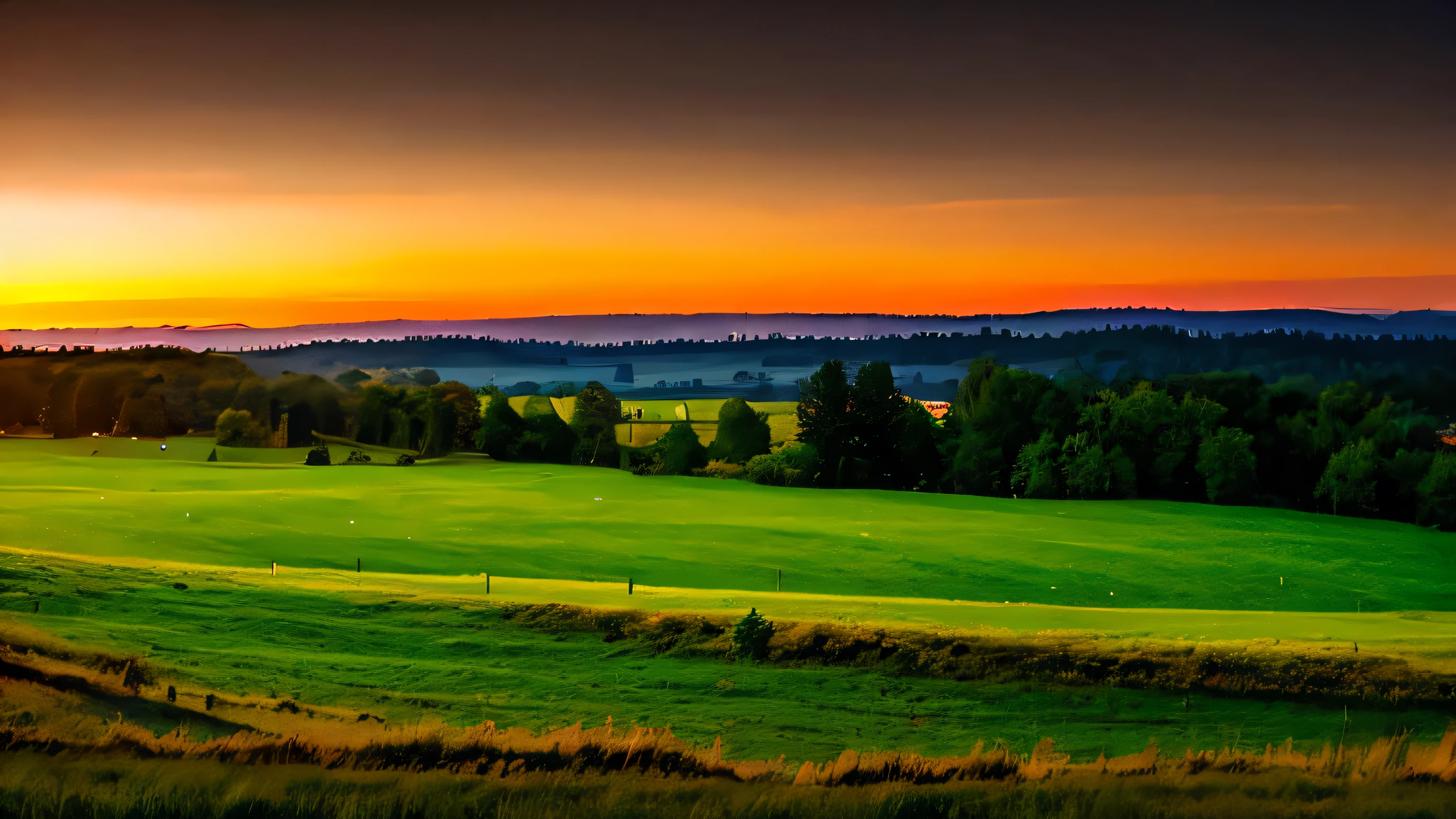 A field at dusk and a medieval city far away on the horizon, best quality, scenery, 2d anime scenery, rpg, medieval era Forest close to the city, 4 o'clock in the afternoon