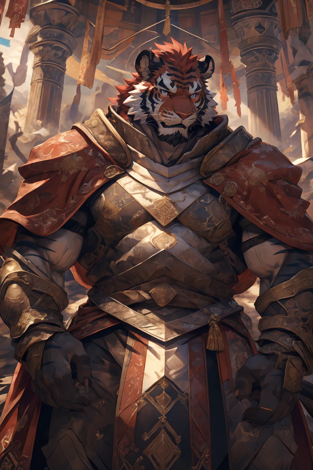 (赤红色tiger),(赤红流火Military commander战袍),(Holding a long sword),Awesome posture,Sitting quietly on the edge of the cliff,(The background is a city with bright lights.:1.2),Abdominal muscles,完美的masterpiece,Various facial details,Close-up view,specific description,masterpiece,cg,(Red eyes),Crimson pattern,Crimson tail,Military commander,Heroic,tiger,Crimson fur,Detailed facial details,),(Half Body),(Long feather),((middle aged)),(Face Focus:1.3),(16K),HD,Red and white abdomen,temple,beard,(Face lines),Heterochromia,(Red battle robe),(Crimson hair),Strong,muscle,(high resolution:1.3),