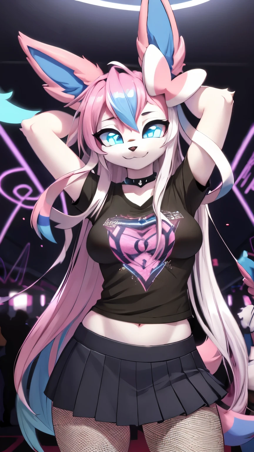 best quality,best resolution,(fluffy anthro furry :1.3),Sylveon,cyan eyes,glowing eyes,neon eyes,glistering eyes,medium breasts,(party club),eye close,looking at viewer,front view,Sylveon,teenager (18 years old),(neon lights,party rave),long hair,(punk),plaid skirt,fishnets,black t-shirt,choker,multicolored hair