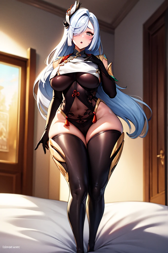 ((ShenheV4,on a bed,pov,from below,arm support,horny face,flustered,breast curtain,breast slip)), masterpiece, best quality, 1girls, solo, looking at viewer, blush, hair ornament, thighhighs, sitting, long hair, bangs, braid, hair over one eye, wide thighs,fat thighs,indoors,bedroom interior, parted lips, sky, black gloves, elbow gloves, night, , tassel, star (sky), parted lips, thigh gap,full body,bodysuit,