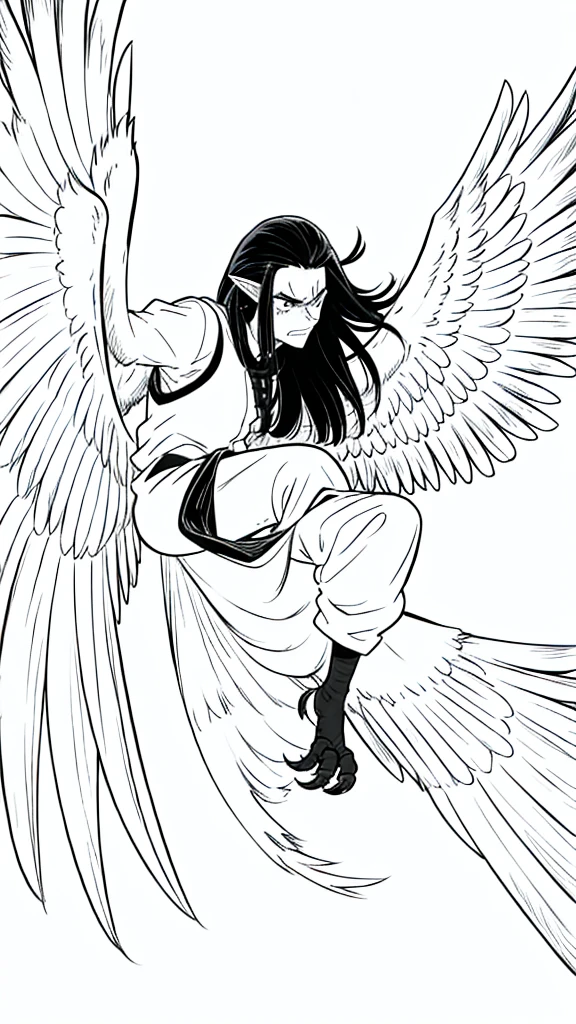 1man,40s,mature male,angry,wild outfit,long hair,black hair,pointy ears,harpy,wings,no arms,(white background,line drawing),from below,wild,scare,looking at view,torn clothes,leaning forward