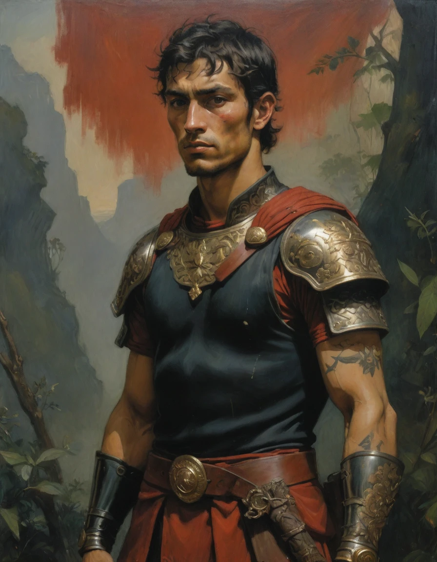 Masterpiece, best quality, (by Moebius), by Théodore Géricault, a full oil painting, half body of a young male Roman soldier, brunette, bronze skin, arrogant, brave, (((he has tattoos))), wearing black and red, silken Roman uniform lorica with samurai elements, red diamond symbology. Jungle background, moth.