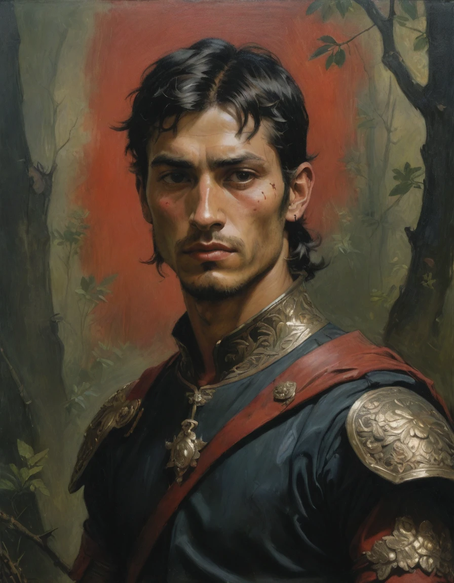 Masterpiece, best quality, (by Moebius), by Théodore Géricault, a full oil painting, half body of a young male Roman soldier, brunette, bronze skin, arrogant, brave, (((he has tattoos))), wearing black and red, silken Roman uniform lorica with samurai elements, red diamond symbology. Jungle background, moth.