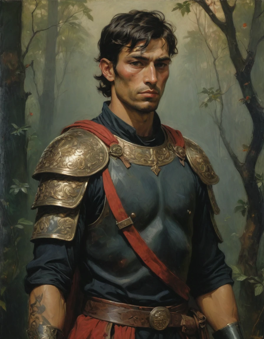 Masterpiece, best quality, (by Moebius), by Théodore Géricault, a full oil painting, half body of a young male Roman soldier, brunette, bronze skin, arrogant, brave, (((he has tattoos))), wearing black and red, silken Roman uniform lorica with samurai elements, red diamond symbology. Jungle background, moth.