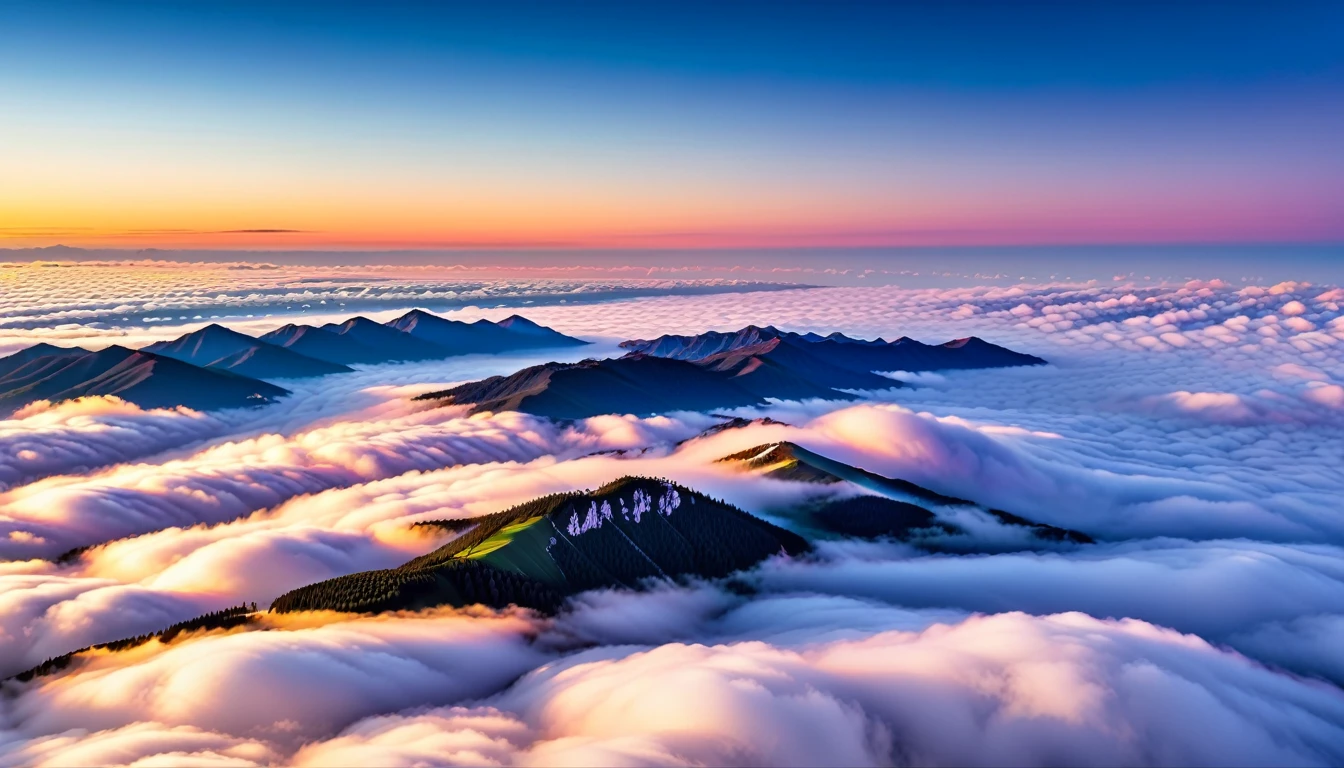 sea of clouds landscape.Enjoy this breathtaking sunrise scene。The lights in the city occasionally emerge from the gaps between the sea of clouds，looming night scene，It gives the whole city a hazy beauty。