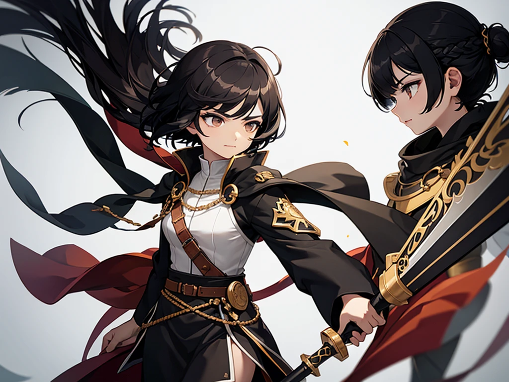 Strong women, Short black hair, Brown robes, Holding a sword, Full body side view, Pure white background