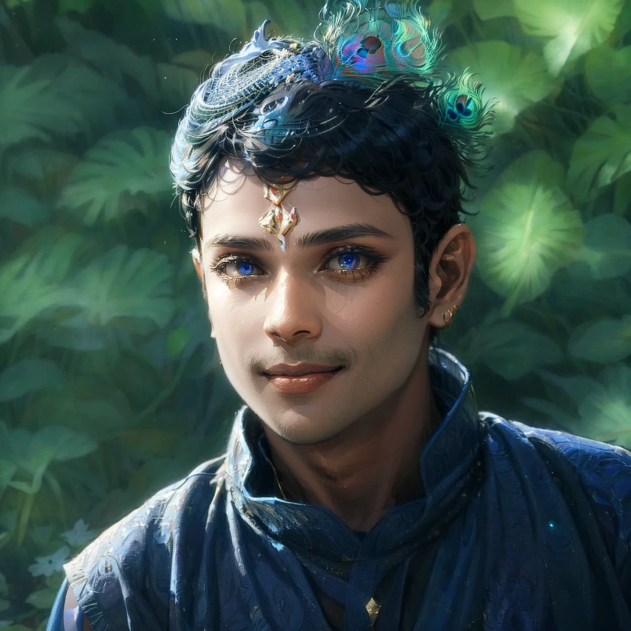 Krishna , loving man , beautiful glitter eyes , blue skin tone , smiling , divine nature, holding flutes in his hands, peacock feather on head.