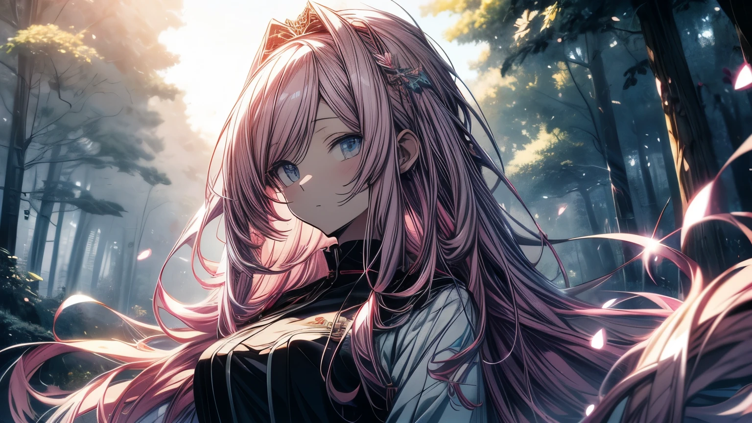 Anime girl with long pink hair and blue eyes standing in a forest., detailed digital anime art, 4K anime style, hermoso portrait animado, portrait, Knights of the Zodiac, , anime art wallpaper 4k, 4k anime art wallpaper, blonde anime girl with long hair, High quality 8K detailed art, anime art wallpaper 8K, pink fur princess, detailed anime art