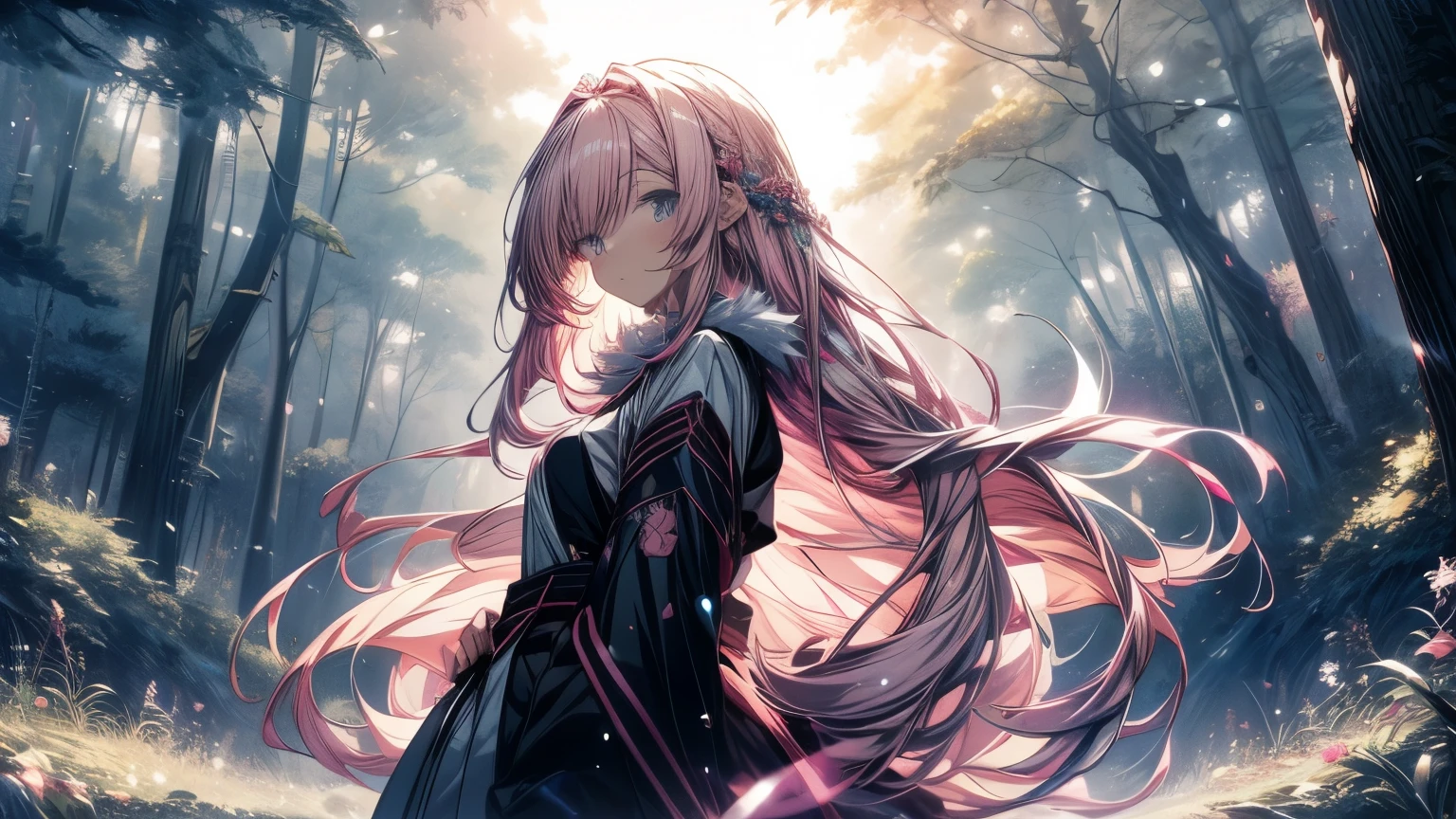 Anime girl with long pink hair and blue eyes standing in a forest., detailed digital anime art, 4K anime style, hermoso portrait animado, portrait, Knights of the Zodiac, , anime art wallpaper 4k, 4k anime art wallpaper, blonde anime girl with long hair, High quality 8K detailed art, anime art wallpaper 8K, pink fur princess, detailed anime art