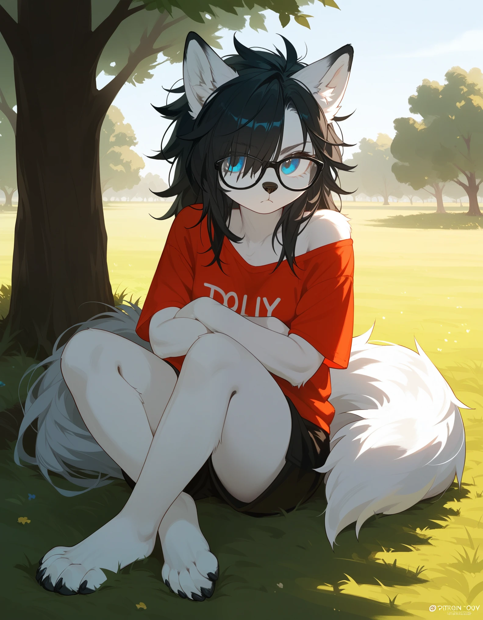 Solo, score_9,score_8_up,score_7_up, a young nerdy Anthro furry wolf woman, wolf snout, white furry body, tall body, long black messy hair, black hair, (hair in a pony tail):1.3, hair covering one eye, black glasses, blue eyes, white wolf ears, small breasts, wearing oversized red t shirt, exposed shoulder, black boy shorts, outdoors, cutely pouting, sitting under a shady tree, feet paws, 4 toes, grassy floor, legs sprawled out across the floor, arms crossed, leaning against a tree, grassy field