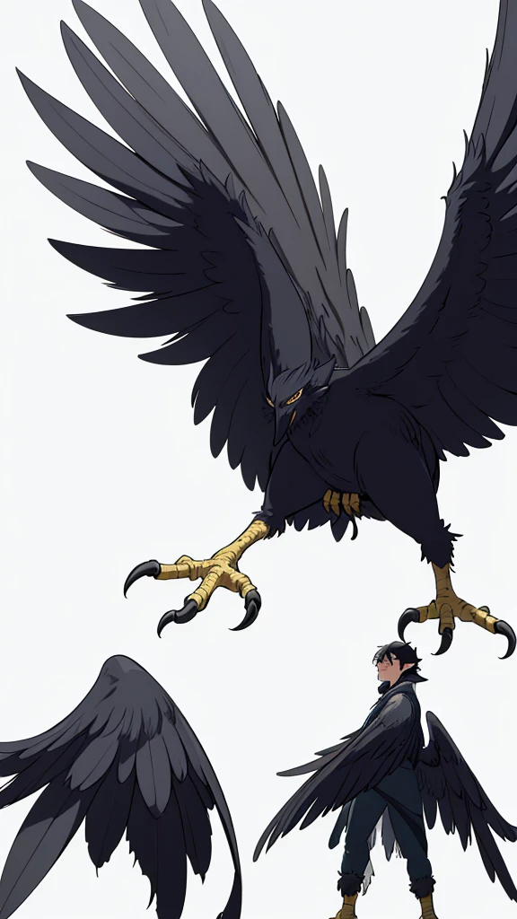 1man,40s,mature male,angry,wild outfit,long hair,black hair,pointy ears,harpy,wings,no arms,(white background,line drawing),from below,wild,scare,looking at view,torn clothes,leaning forward