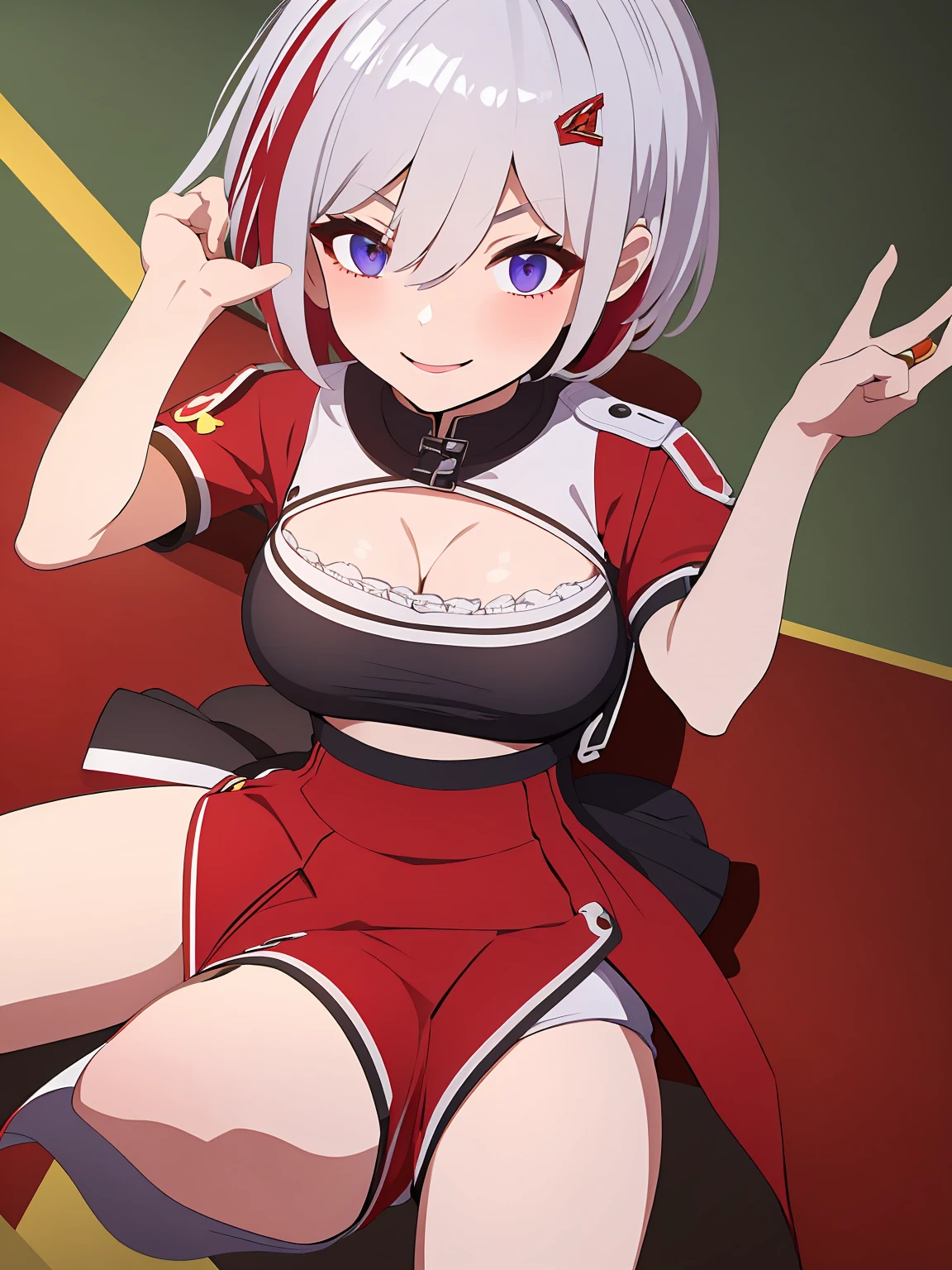 （(Masterpiece：1.8), best quality, expressive eyes, perfect face：1.8）：2.0），，has short white hair，Choose red dye，big tits，rift，beautiful dance，with a smile