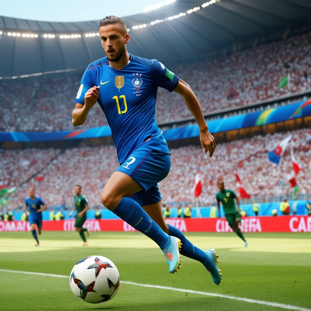 Un futbolista corriendo con el balon en un campo de futbol, UEFA EURO 2024, masterpiece, The best quality, super detailed