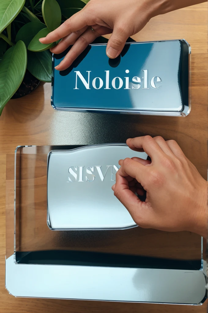 A hand holding an acrylic Nameplate 