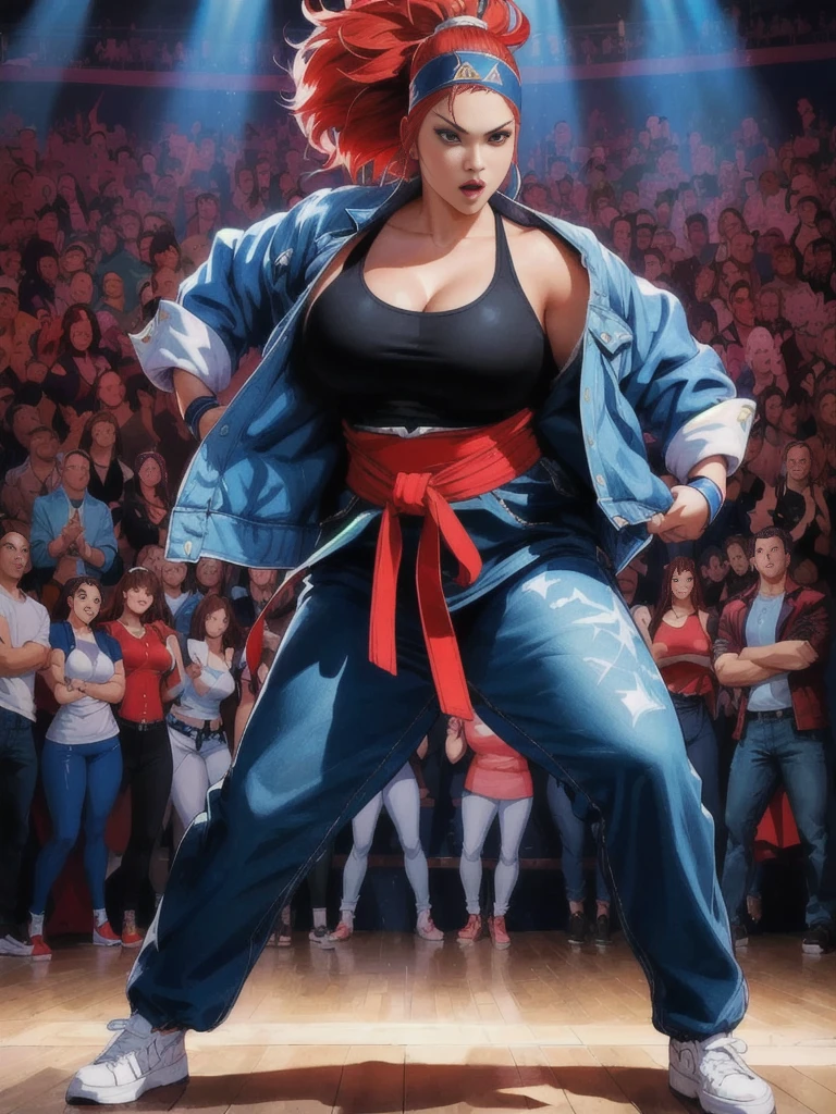 there is a woman in a blue jacket and red hair dancing, thick woman fighter, chubby woman, plus size woman fighter, busty woman, fighter, headband, opening her jacket, fighting game character, king of fighters style, character from king of fighters, as a character in tekken, fighting stance, official artwork, high detailed official artwork, fighting game, fighting pose, powerful stance, epic digital art illustration, fight pose, she is ready to fight, fighter pose, background artwork