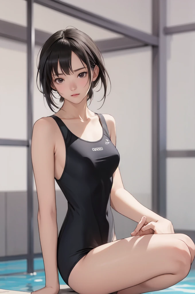 ((masterpiece, best quality)),((highres:1.2)), 1 Girl, solo, Blurred Background, (((Small breasts))), Thighs, (One piece swimsuit), pool, (squat) , groin