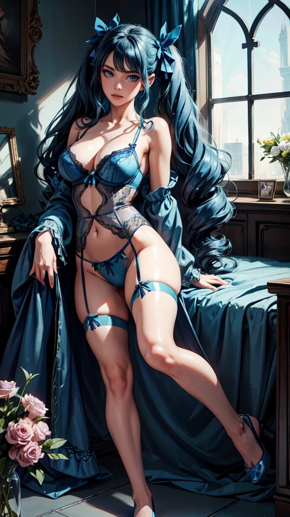 absurd, 8K, High Resolution, Ultra Detailed, Beautiful, Masterpiece, Best Quality, Very Pretty Woman, Young, Very Pretty Woman, Sexy, Straight Hair, Sexy, Detailed Female Face, Very Attractive, (blue lingerie:1.4), full body, btpt-fc, Gwen, long hair, twintails, drill hair, bow, blue hair, hair bow, blue eyes,detailed eyes, detailed hands, detailed face, colors, flowers