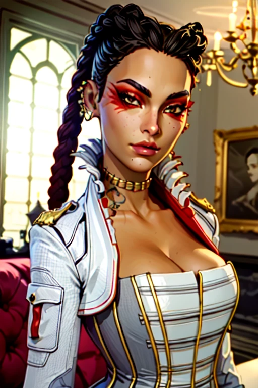 loba, lobapex corset, lobapex jacket, lobapex choker, lobapex earrings, twin braids, red eyeshadow, tattoo, portait, cleavage, looking at viewer, standing in mansion, beautiful, ((masterpiece:1.2)), ((best quality:1.2)), extremely detailed face, perfect eyes, perfect face, perfect lighting, 