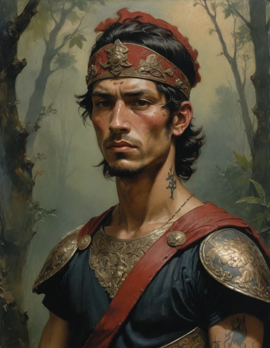 Masterpiece, best quality, (by Moebius), by Théodore Géricault, a full oil painting, half body of a young male Roman soldier, brunette, bronze skin, arrogant, brave, (((with tattoos))), wearing black and red, silken Roman uniform lorica with samurai elements, brocade headband, red diamond symbology. Jungle background, moth.