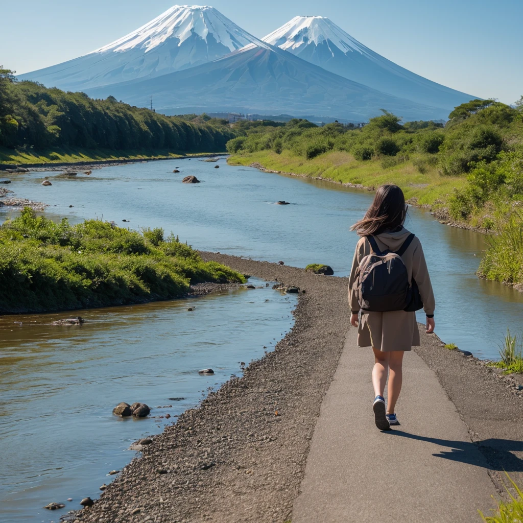 A girl walking along a Riverbank,mount fuji in the distant background 