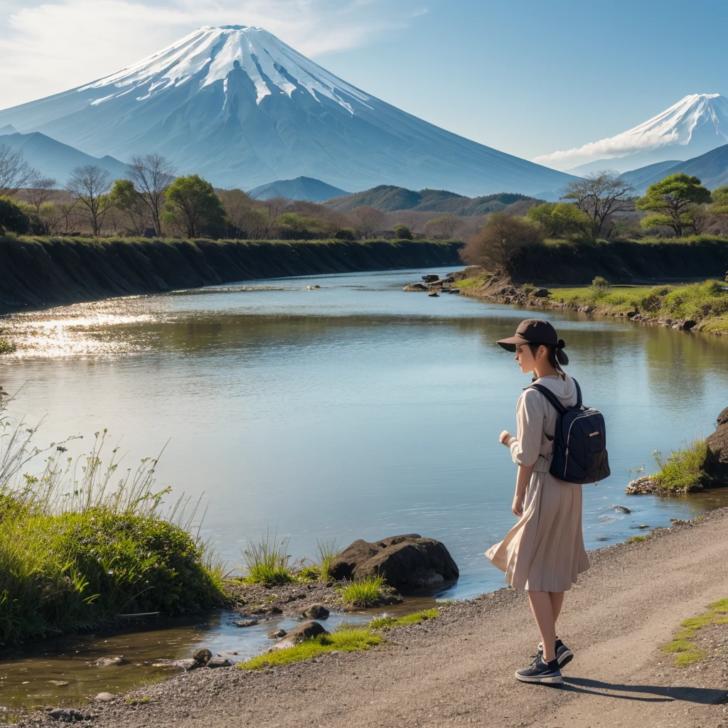 A girl walking along a Riverbank,mount fuji in the distant background 