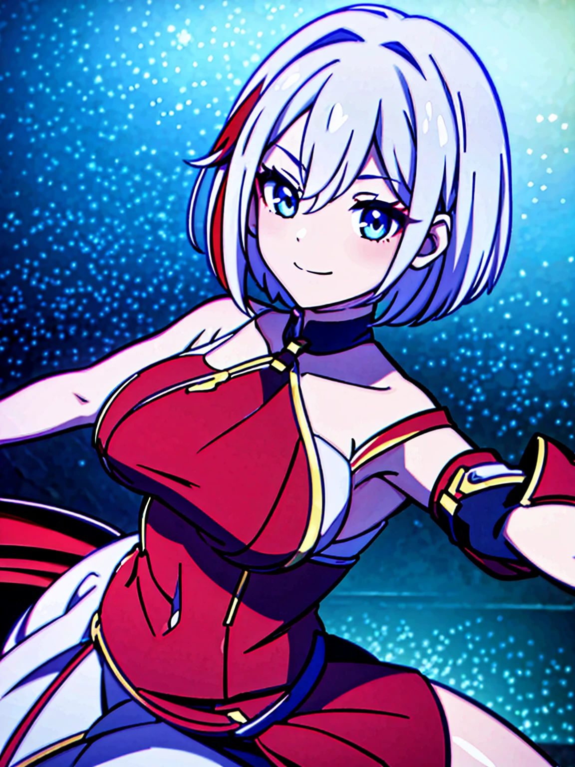 （(Masterpiece：1.8), best quality, expressive eyes, perfect face：1.8）：2.0），，has short white hair，Choose red dye，big tits，rift，beautiful dance，with a smile