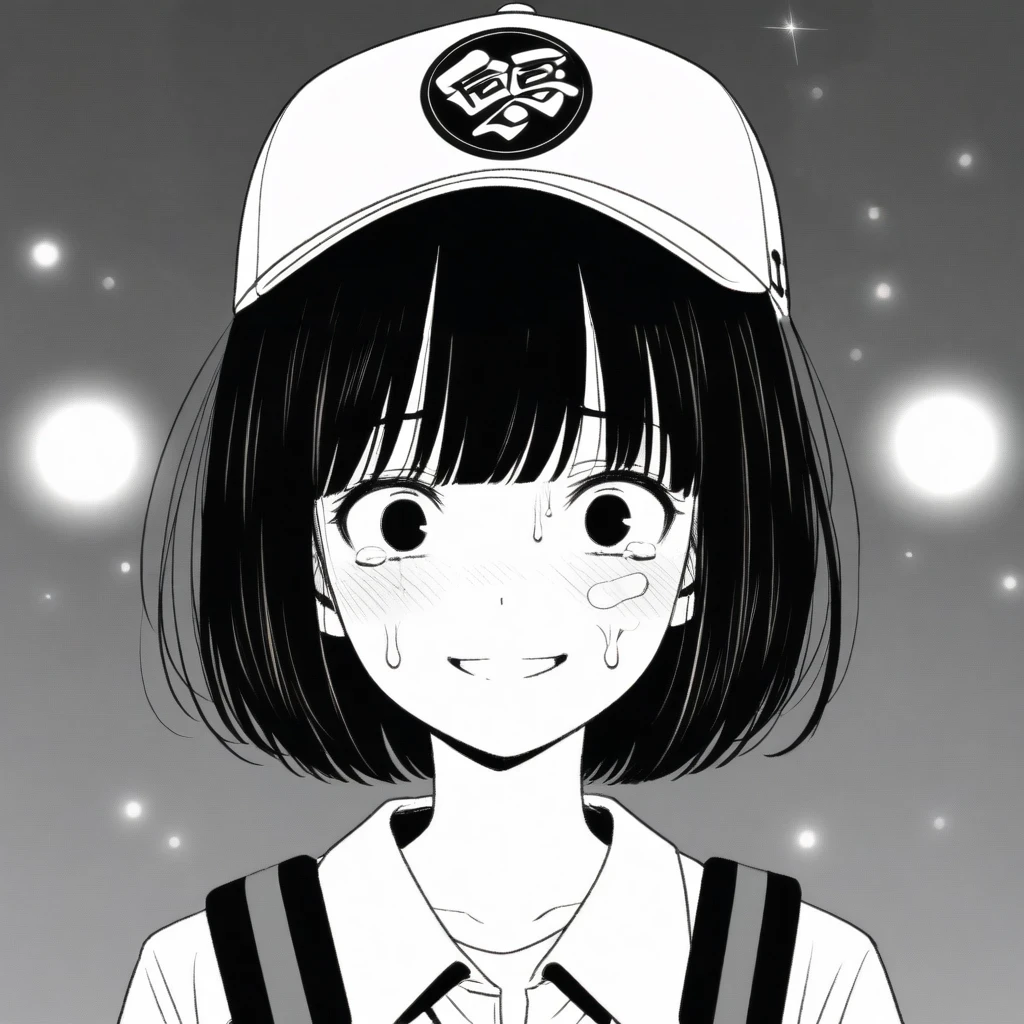 masterpiece, best quality, 1girl, mamerakkkkko, grayscale, manga style, japanese, chi no wadachi, black eyes, street, iced, black hair, schoolbag, smile, lineart, white background, white shirt, grey shorts, centered, 18 years old, tall, fair skinned, bokeh background, crying, tears, straight-on, tears streaming, bob cut, light particles, bold text above head, centered, beautiful, neon-tetora