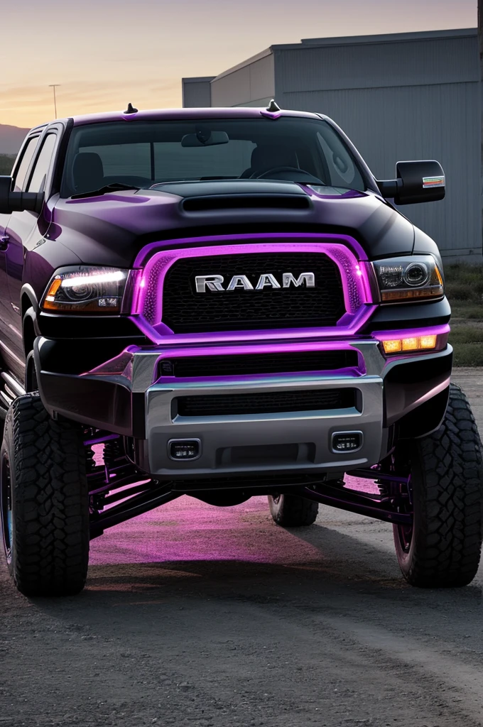 An illustration drawing of a 2008 Ram 1500 pickup truck in black and lilac with a iridescent effect, side spoiler and a bar rol with 4 headlights