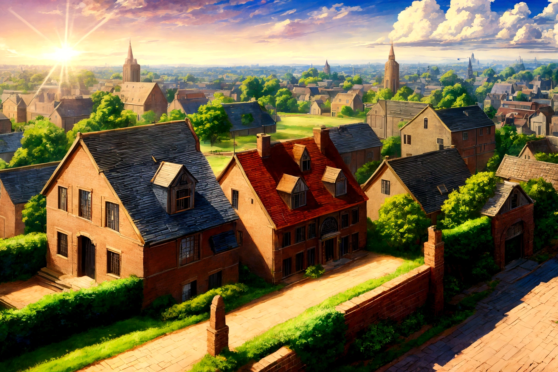 Anime Style,highest quality, masterpiece,field,Retro townscape, Fantasy, Brick,Simple Background, classical