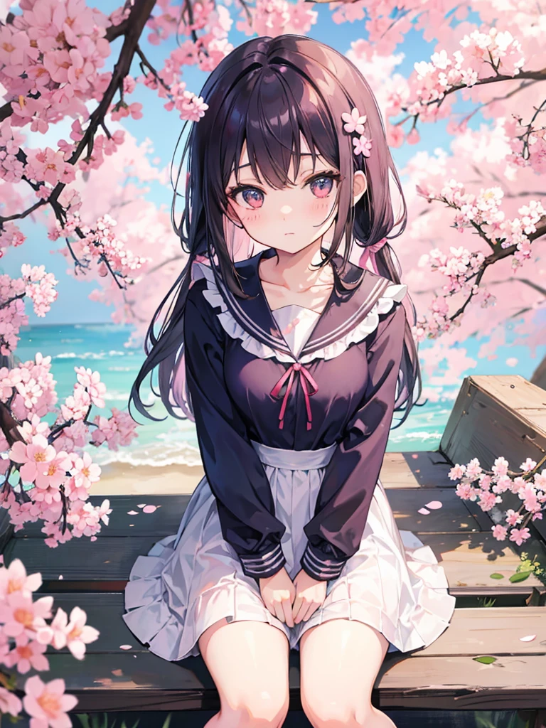 Kawaii girl sitting, in a place of sakura flowers 