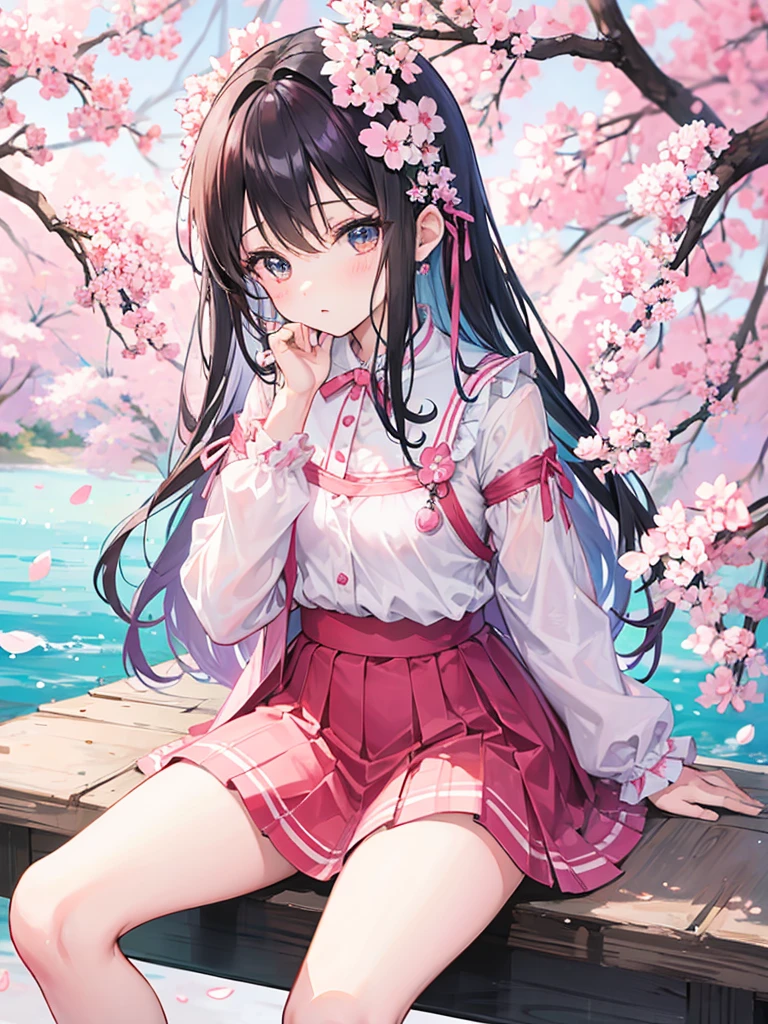 Kawaii girl sitting, in a place of sakura flowers 