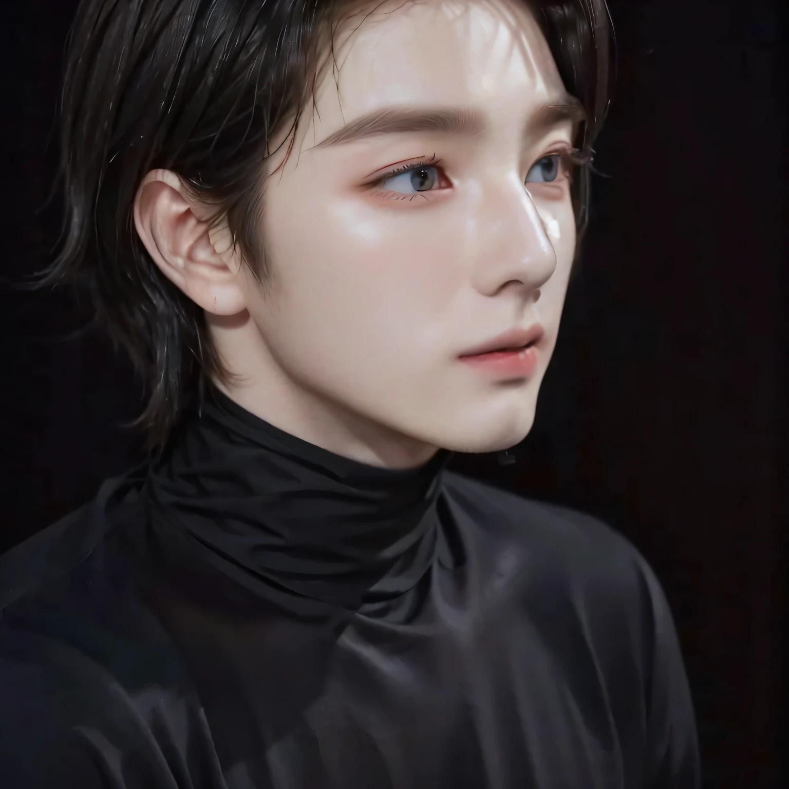 a closeup of a person wearing a black shirt and a black turtleneck, jungkook, pale angel, a handsome man, long blond hair, inspired by jeon jungkook, beautiful androgynous prince, delicate androgynous prince, pale korean adorable face, dotted nose