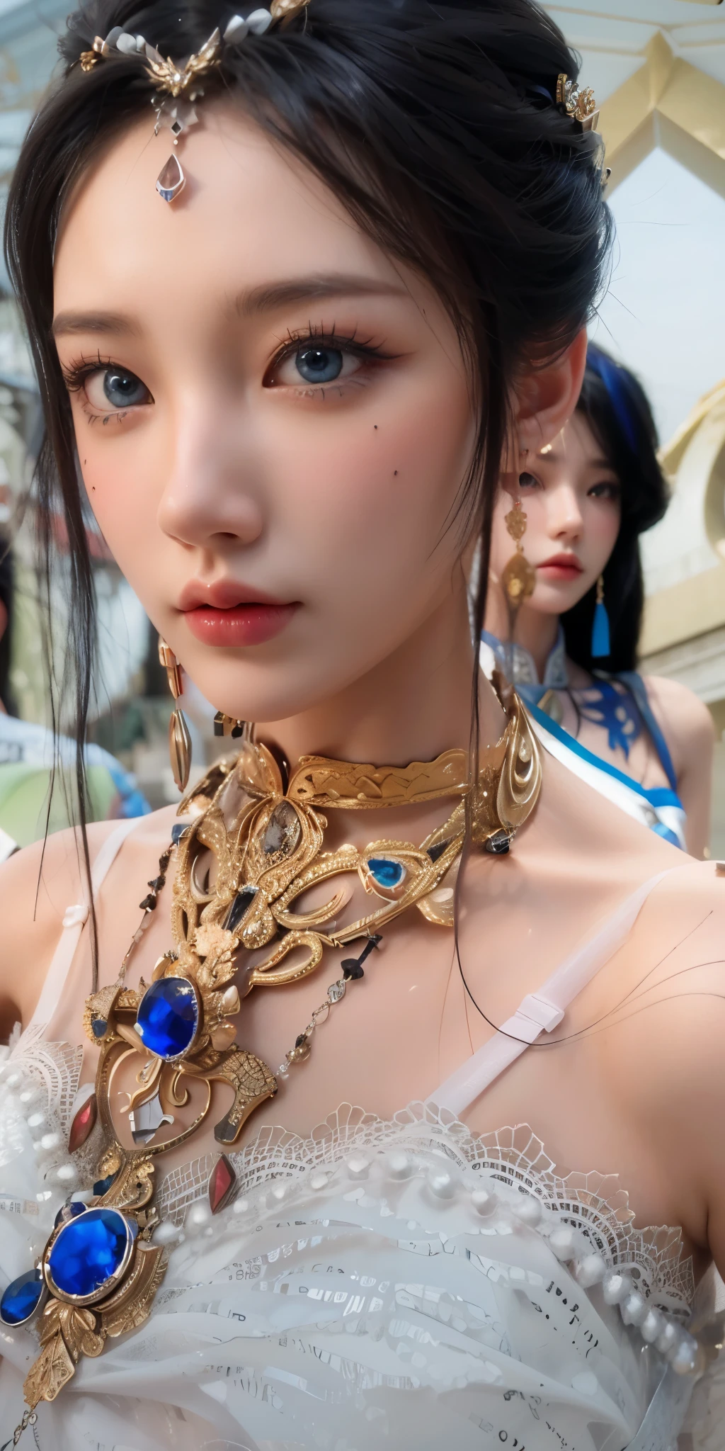 Game Art，Best image quality，Maximum resolution，8K，(A half-length photo)，(portrait)，(Head close-up)，(Rule of Thirds)，Unreal Engine 5 rendering works，20 year old girl，((Queen))，The eyes are very detailed，(Large Breasts)，Elegant and noble，Light，Light线追踪，Game CG，((3D Unreal Engine))，OC rendering reflection mode，4K，Ultra-clear，Sensual，Translucent lace，Fair and plump figure，Pretty Face，Light泽凝胶涂层，身着华贵礼服的Queen，Crystal Gem Crown，Necklace jewelry，blue eyes，The tattoo is very three-dimensional，Gorgeous and intricate tattoo designs，Ultra-clear portrait，Sexy body，Temple Princess，Sapphire eyes，Gorgeous Chinese Hanfu