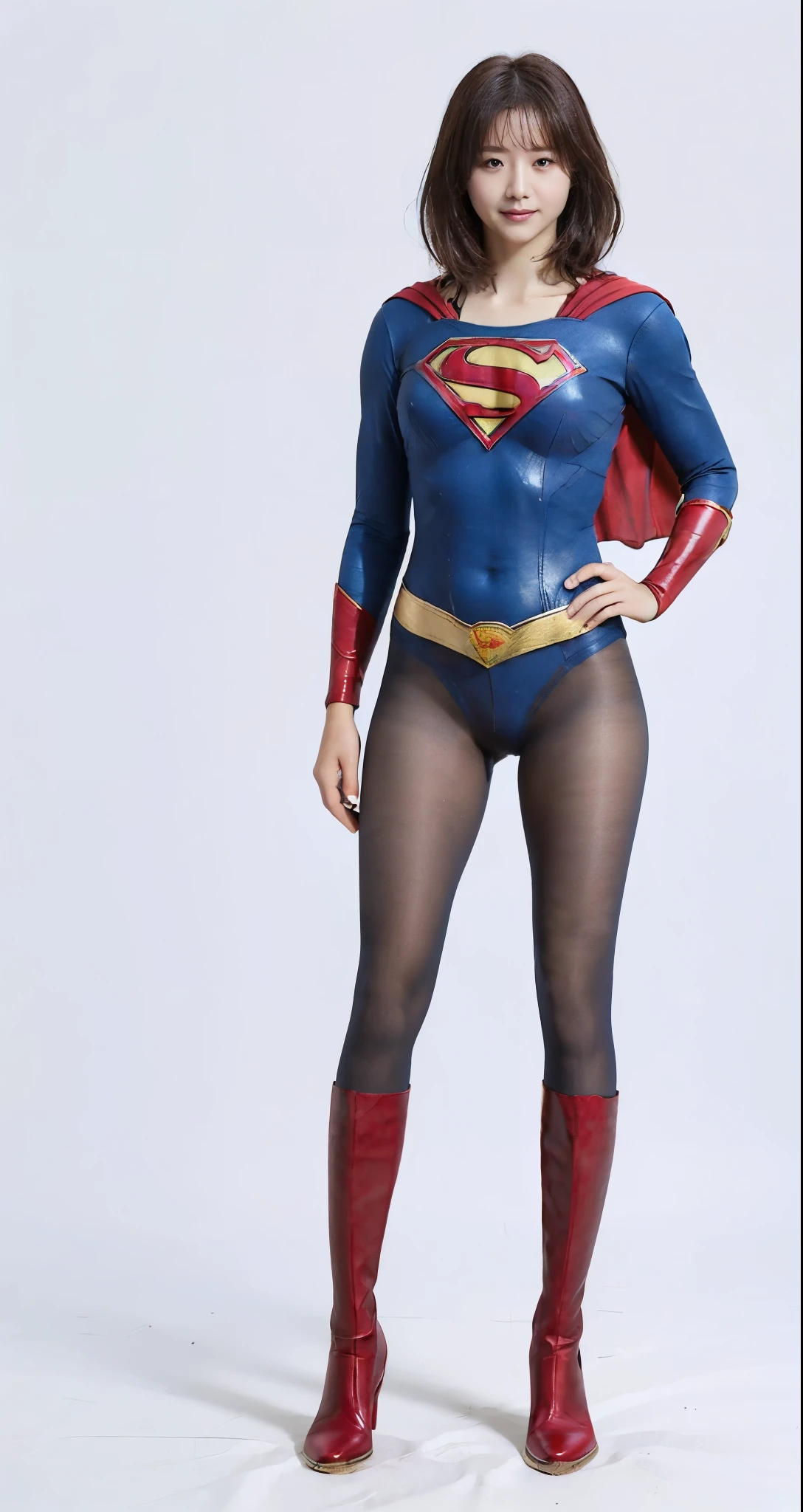 No background、(((Beautiful legs in black tights.)))、(((Legally express the beauty of your smile)))、((((Make the most of your original images)))、(((Supergirl Costume)))、(((Beautiful very short hair)))、(((suffering)))、(((Please wear black tights....、Wear red boots)))、((Best image quality、8K))、((Highest quality、8K、masterpiece:1.3))、(((Preserve background )))、Sharp focus:1.2、Beautiful woman with perfect figure:1.4、Slim Abs:1.2、Wet body:1.5、Highly detailed face and skin texture、8K
